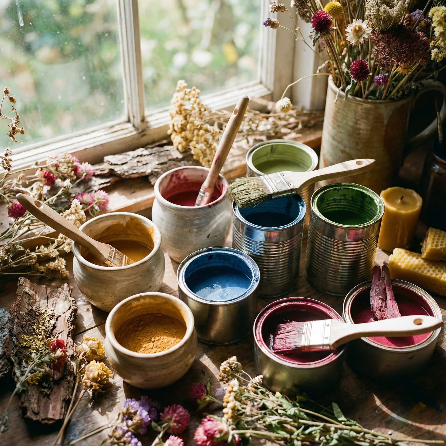 Bunte Farbtöpfe und Pigmente vor einem Fenster